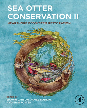 Front cover of book with artwork of sea otters, kelp and sea bottom with invertebrates. 