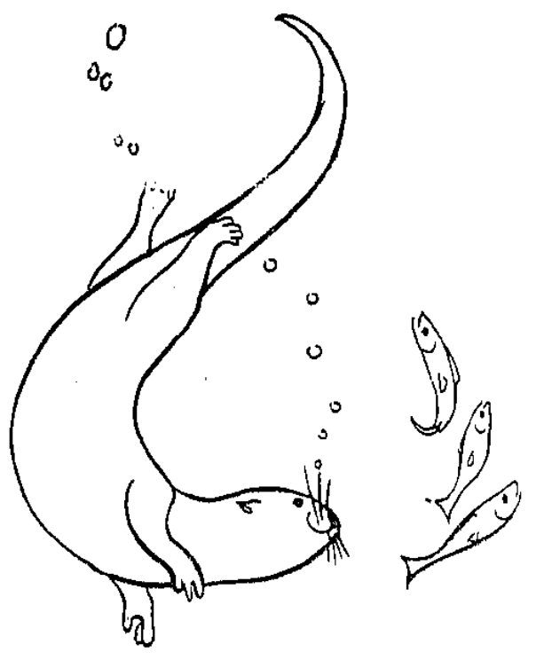Outline drawing of an otter swimming downward and curling up with a trail of bubbles upward, and three fish swimming upward in front of it